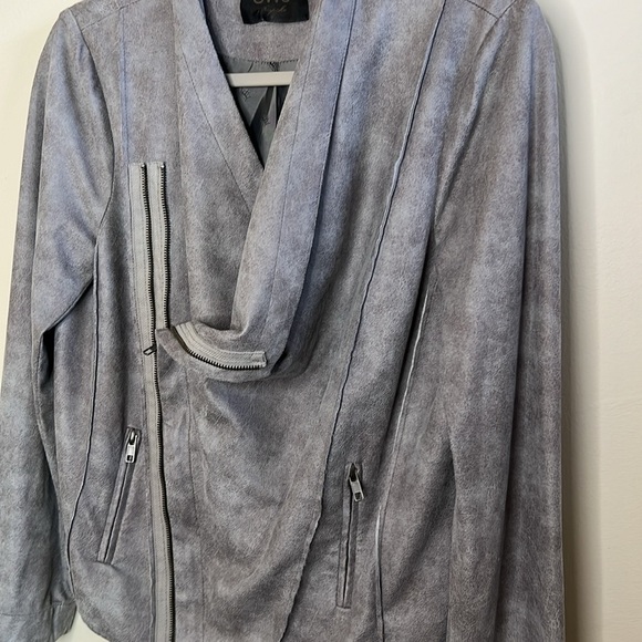 SW3 Bespoke GRAY SUEDE LEATHER-LOOK FAUX MOTO BIKER JACKET Size Large - Picture 4 of 14